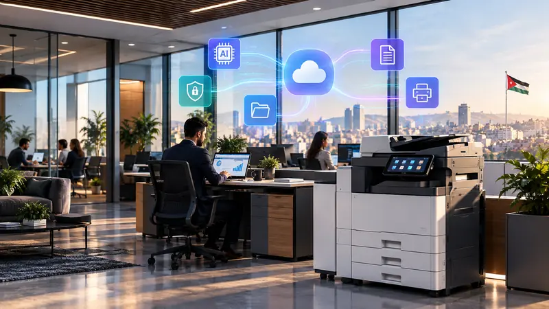 An office in Amman where a multifunction printer is connected to AI, cloud, document and security services
